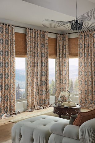 Horizons Natural Waterfall Roman Shades in Tranquility, Pecan with Traditional Tab Top Drapery in Lancelot, Kinsman