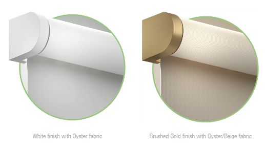 photograph of Draper FlexStyle White Finish Oyster Fabric and Brushed Gold with Oyster Beige