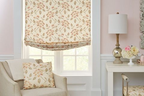 Horizons Soft Treatments Roman Shades in a Hazelwood Camellia fabric